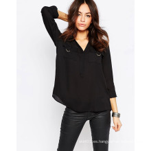 Blusa con cuello en D para mujer Blusa con bolsillo